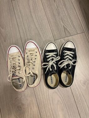 Converse Low Tops in Black and Cream with Red Trim
